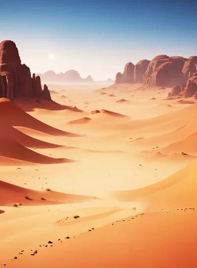 Vast Desert Landscape With Sand Dunes And Rock Formations