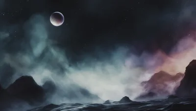 Surreal Alien Landscape With Glowing Moon And Nebula Clouds