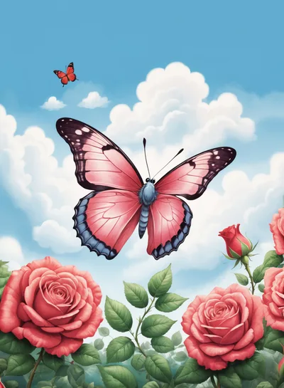 Pink Butterfly Flying Over Blooming Rose Garden