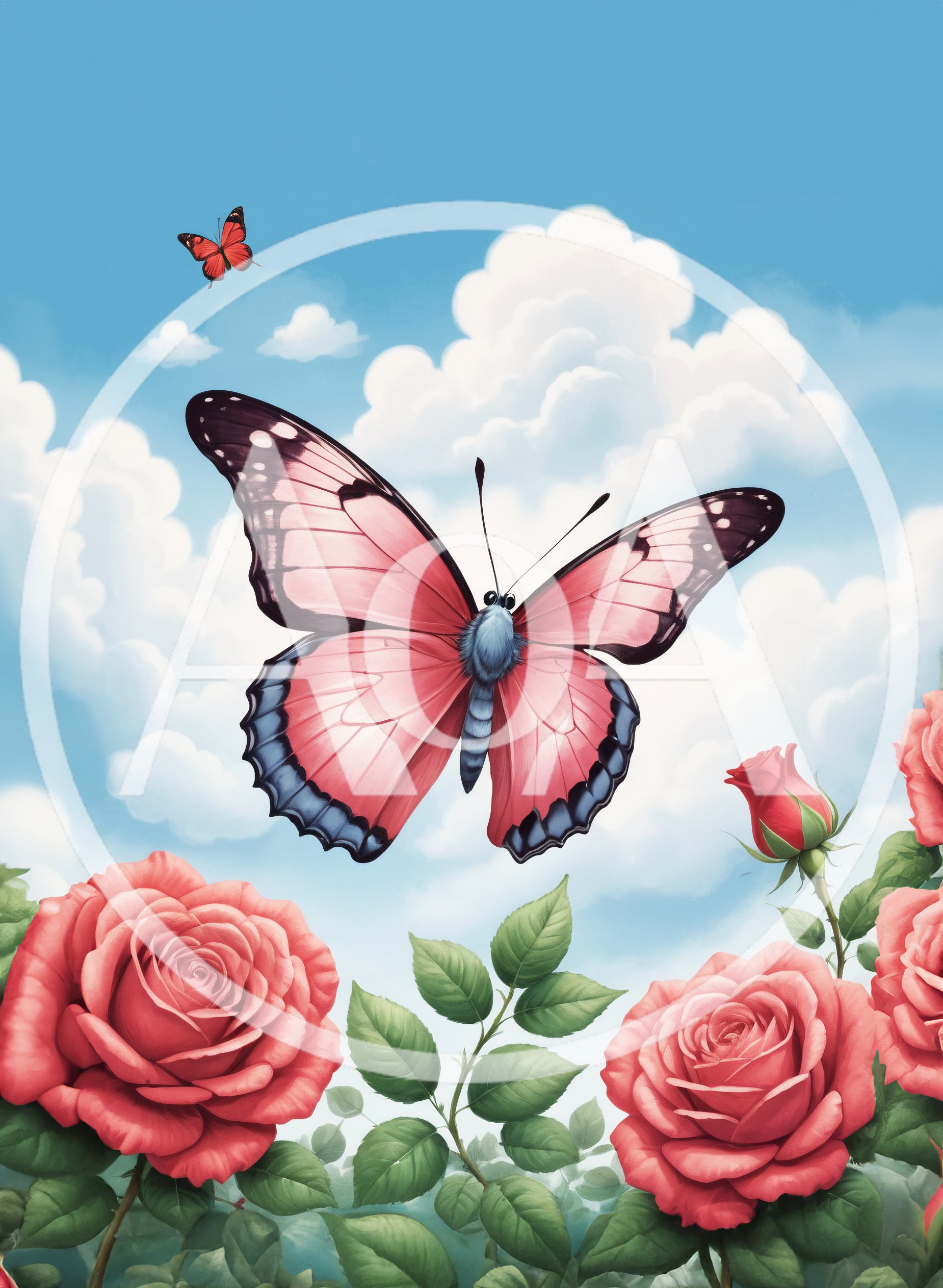 Pink Butterfly Flying Over Blooming Rose Garden