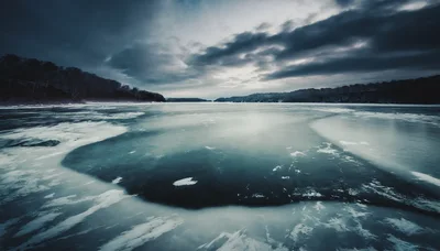 Frozen Lake Surface Under Dramatic Winter Sky