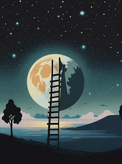 Ladder Reaching Toward A Large Full Moon