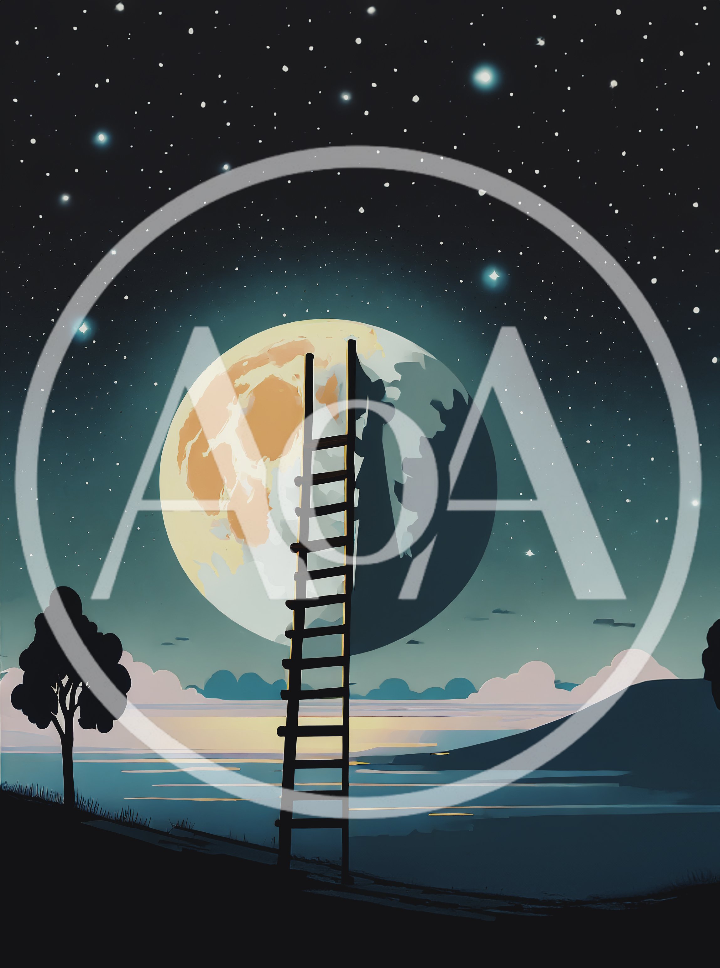 Ladder Reaching Toward A Large Full Moon