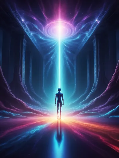 Ethereal Humanoid Figure Standing Under Cosmic Light Portal