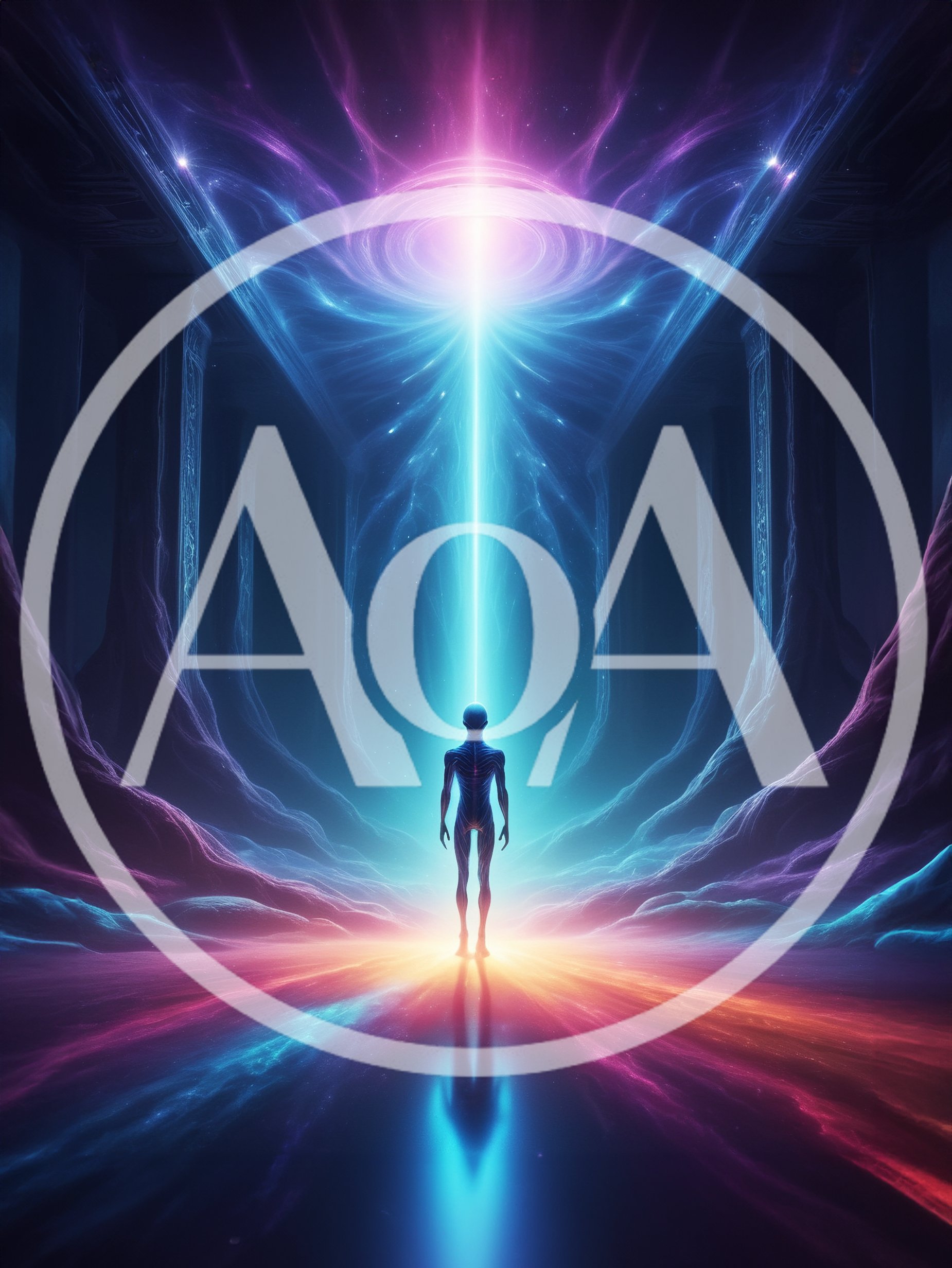 Ethereal Humanoid Figure Standing Under Cosmic Light Portal
