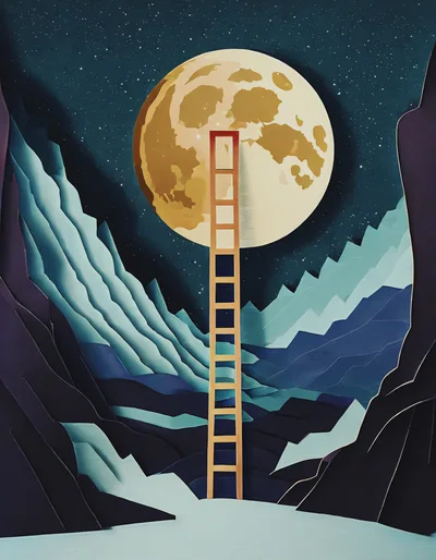 Surreal Paper Cutout Illustration Of Ladder Reaching The Moon
