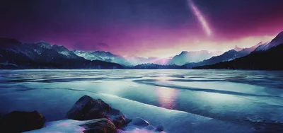 Frozen Lake Landscape Under A Vibrant Purple Sky