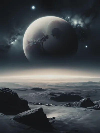 Distant Planet Rising Over A Desolate Alien Landscape