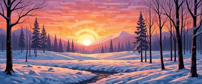Winter Landscape With Sunset Over Snowy Mountains