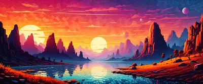Surreal Alien Landscape With Twin Suns And Mountains