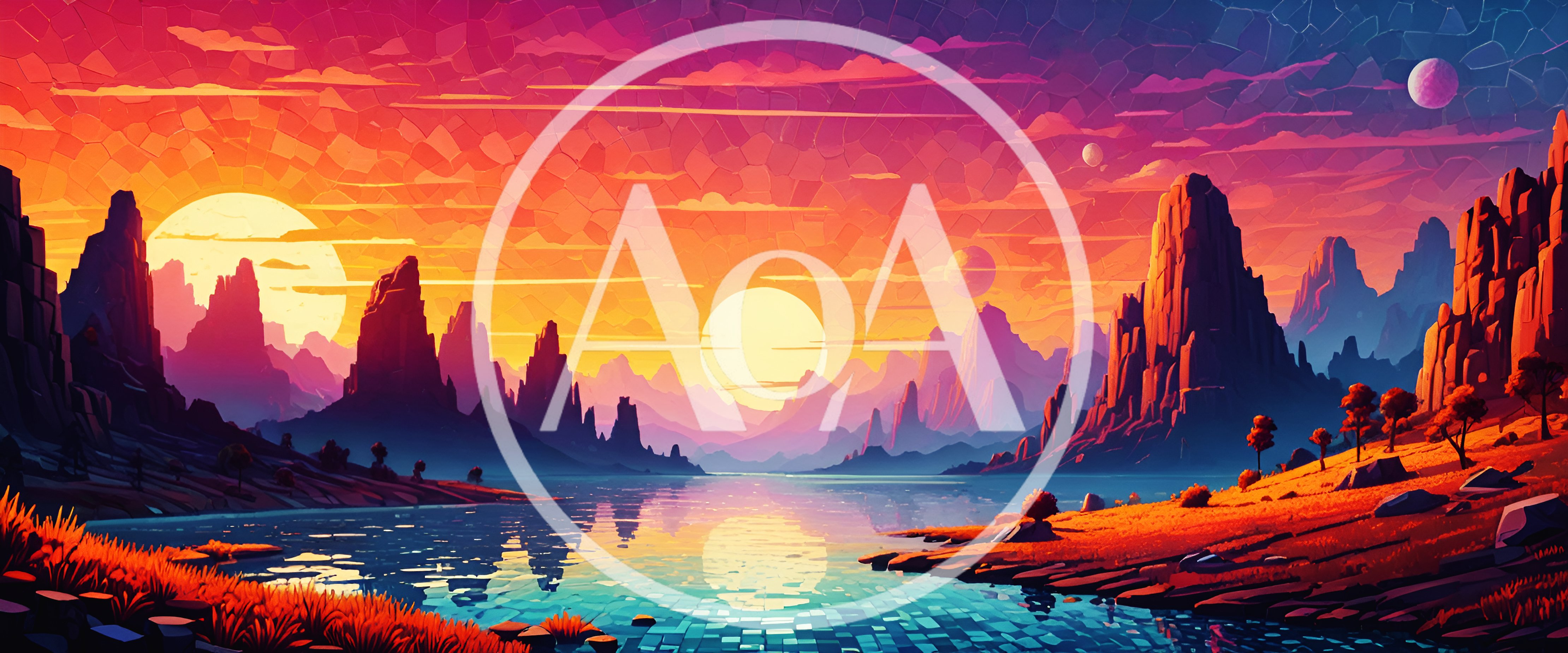 Surreal Alien Landscape With Twin Suns And Mountains