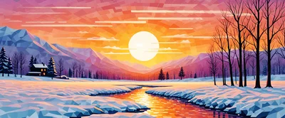 Low Poly Winter Landscape With Sunset And River