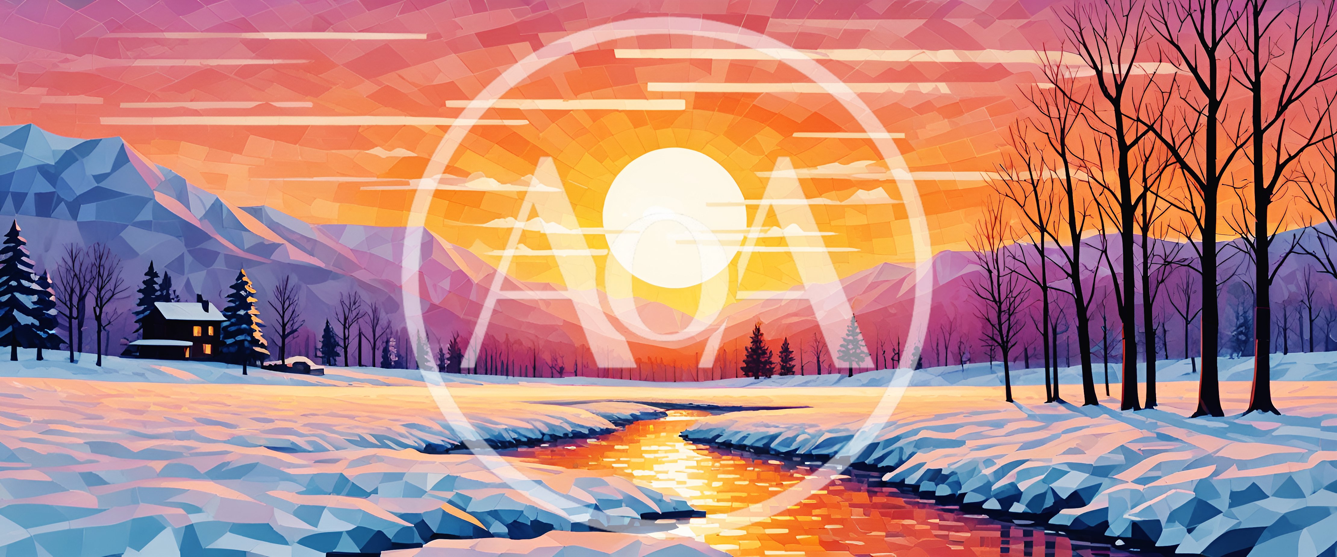 Low Poly Winter Landscape With Sunset And River