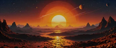 Surreal Alien Landscape With Glowing Sun And Planets