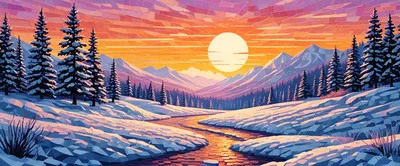 Winter Landscape With Winding River And Sunset