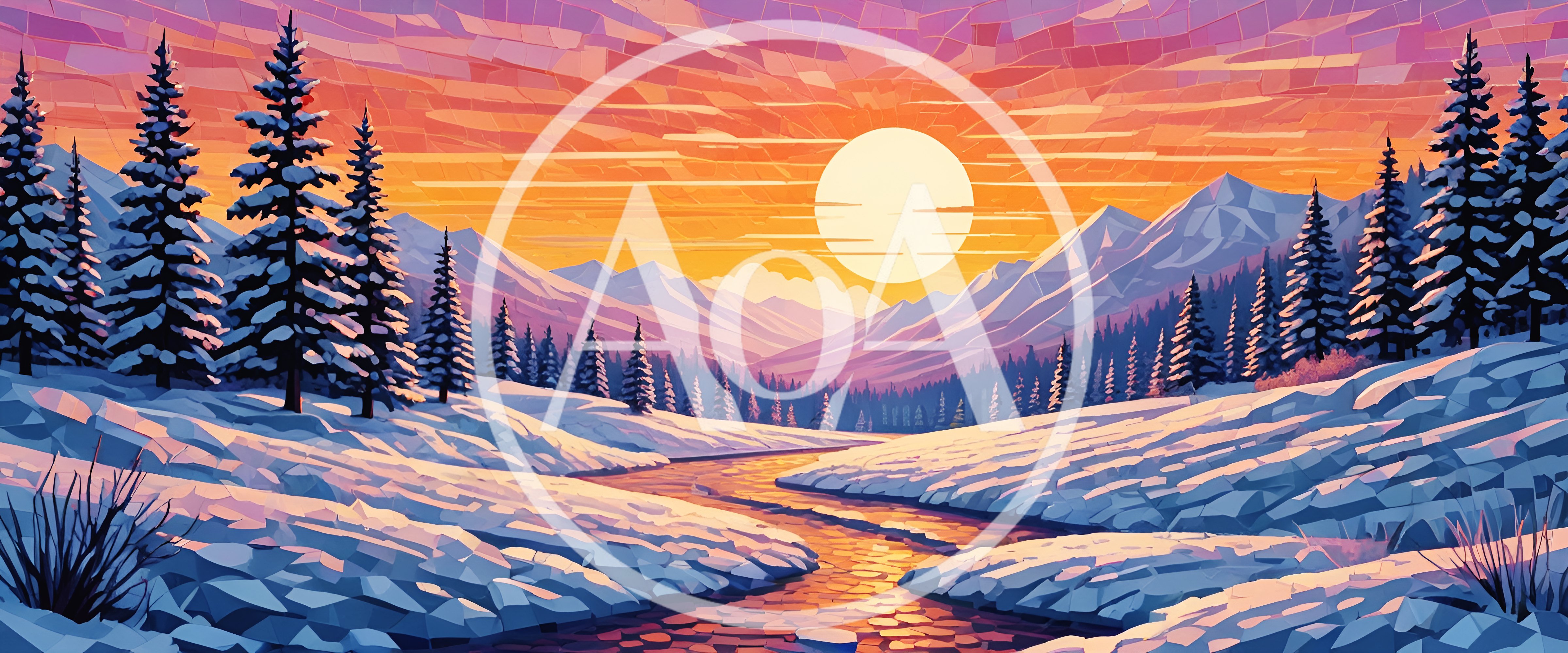 Winter Landscape With Winding River And Sunset