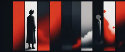 Abstract Surreal Figures In Vertical Red And Black Panels