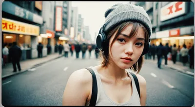 Young Woman Wearing Headphones Walking Through Busy City Street