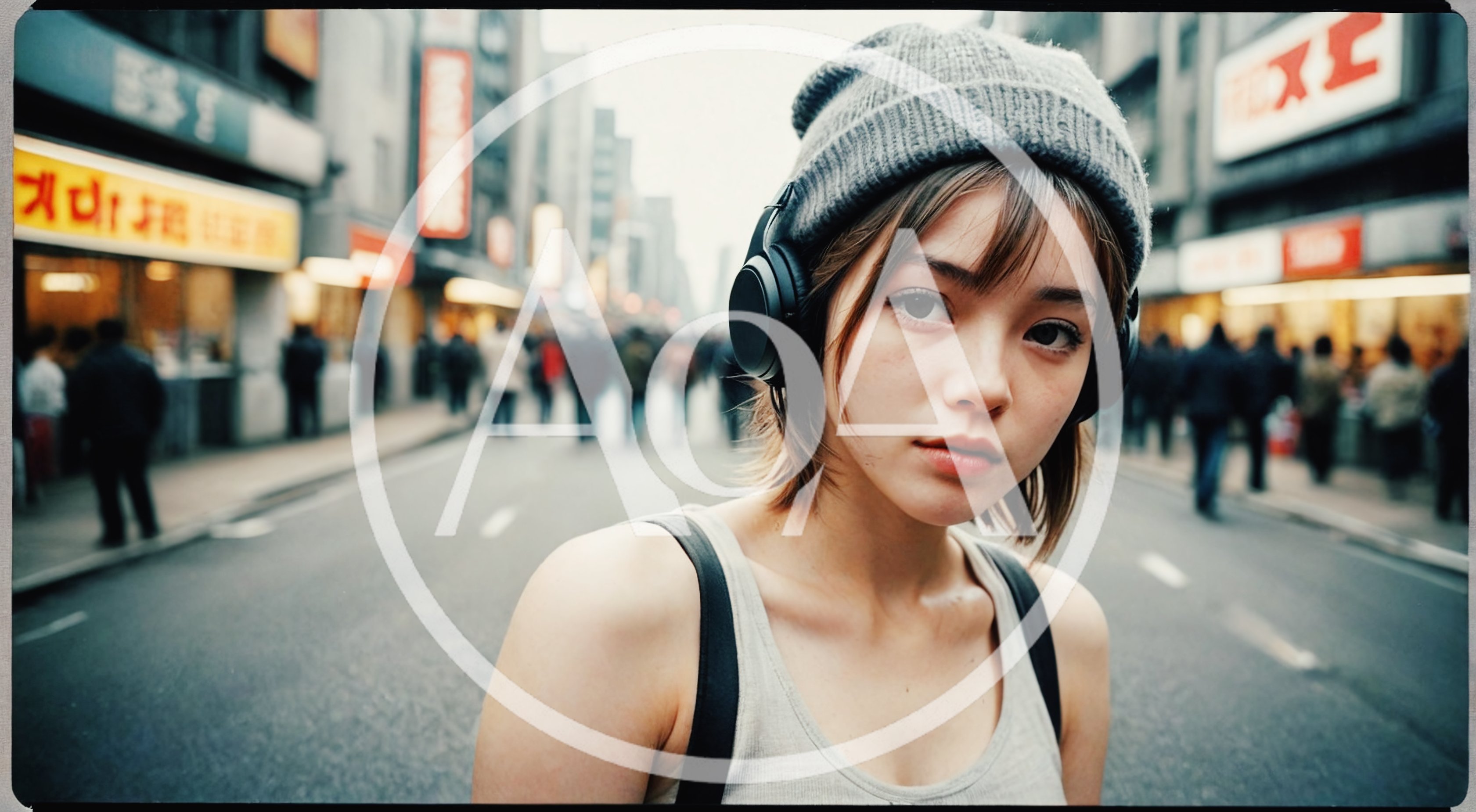 Young Woman Wearing Headphones Walking Through Busy City Street