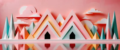 Abstract Paper Craft Mountain Landscape With Reflection
