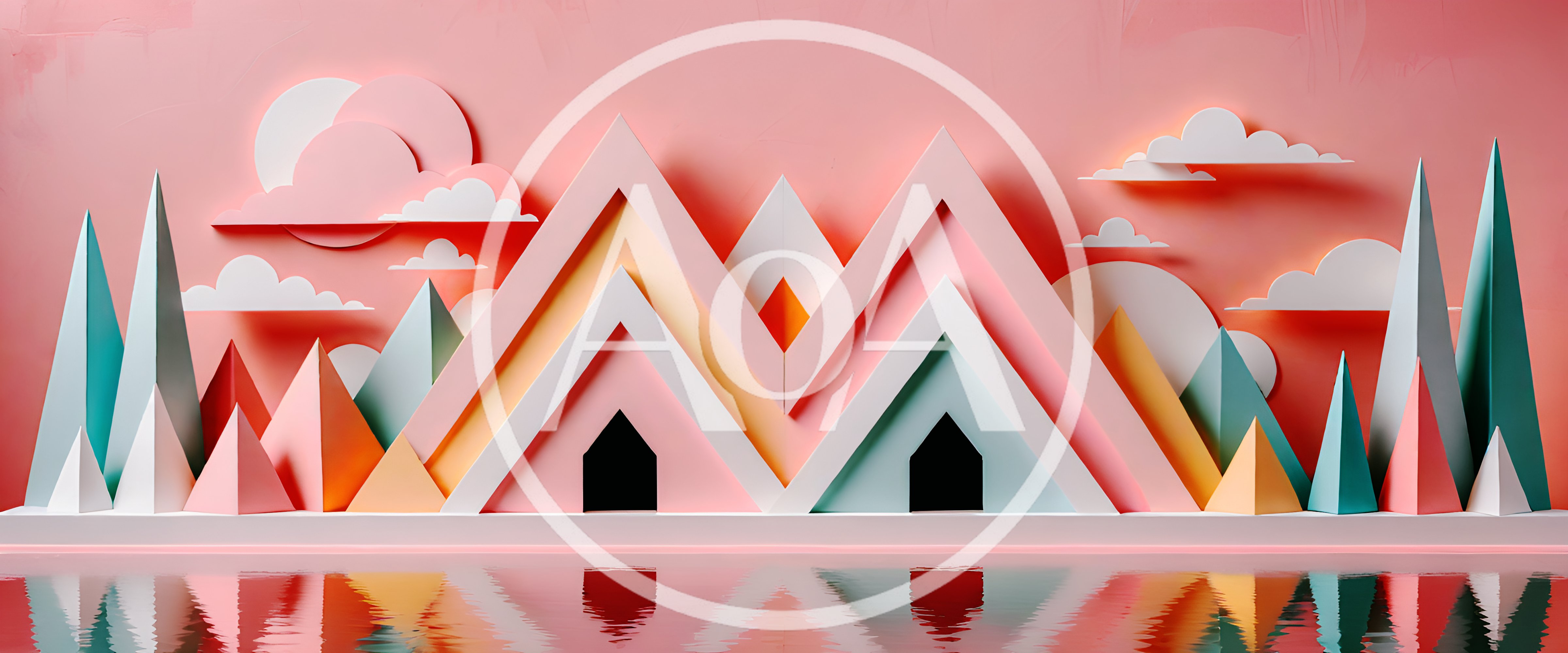 Abstract Paper Craft Mountain Landscape With Reflection