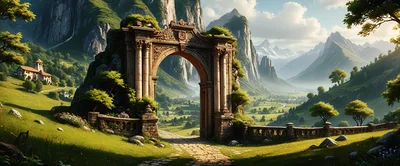 Ancient Stone Archway Overlooking A Lush Mountain Valley