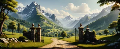 Scenic Mountain Valley Entrance With Stone Gate