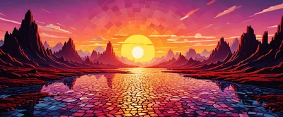 Surreal Pixel Art Landscape With Sunset Over Cracked Ground