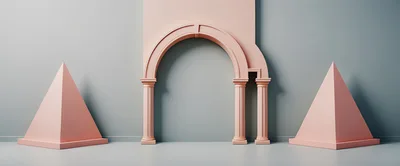 Minimalist Pink Archway and Pyramids on Grey Background