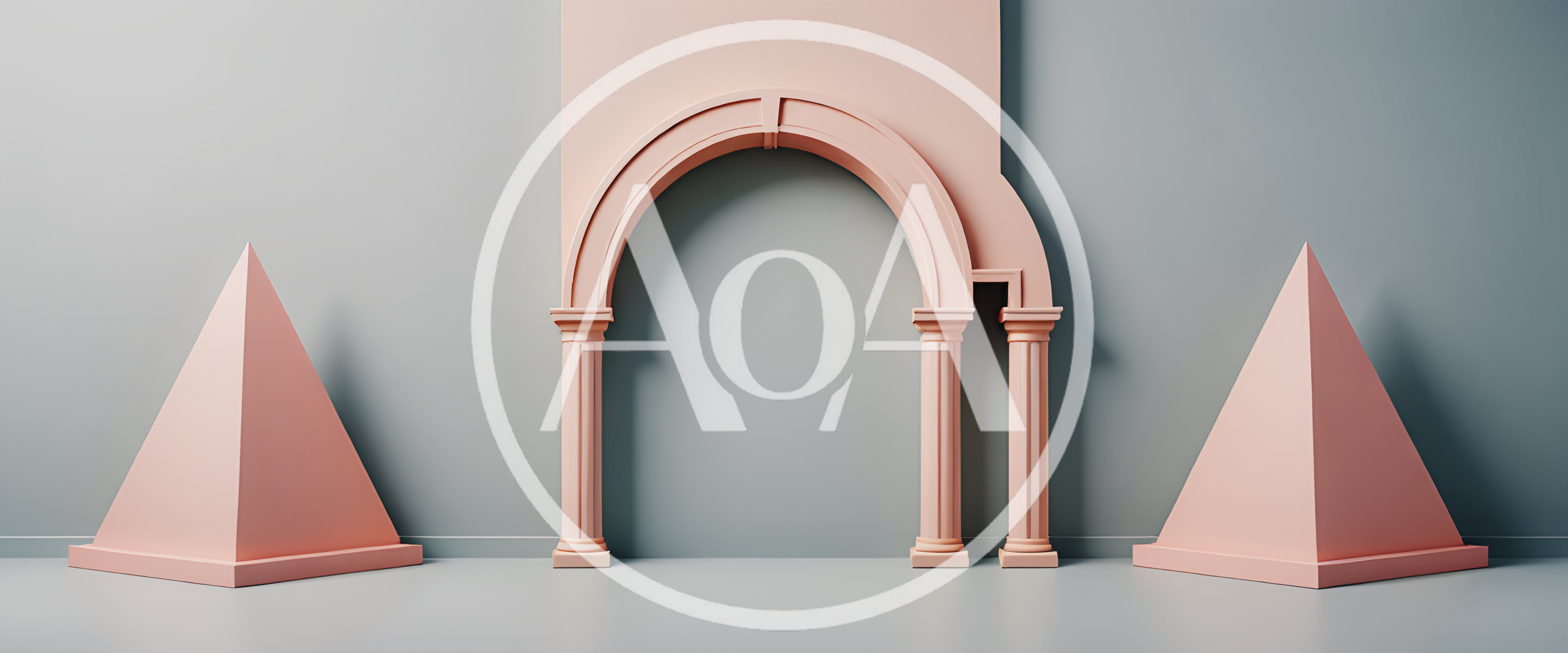 Minimalist Pink Archway and Pyramids on Grey Background