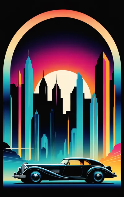 Vintage Luxury Car Against A Retro Synthwave Cityscape