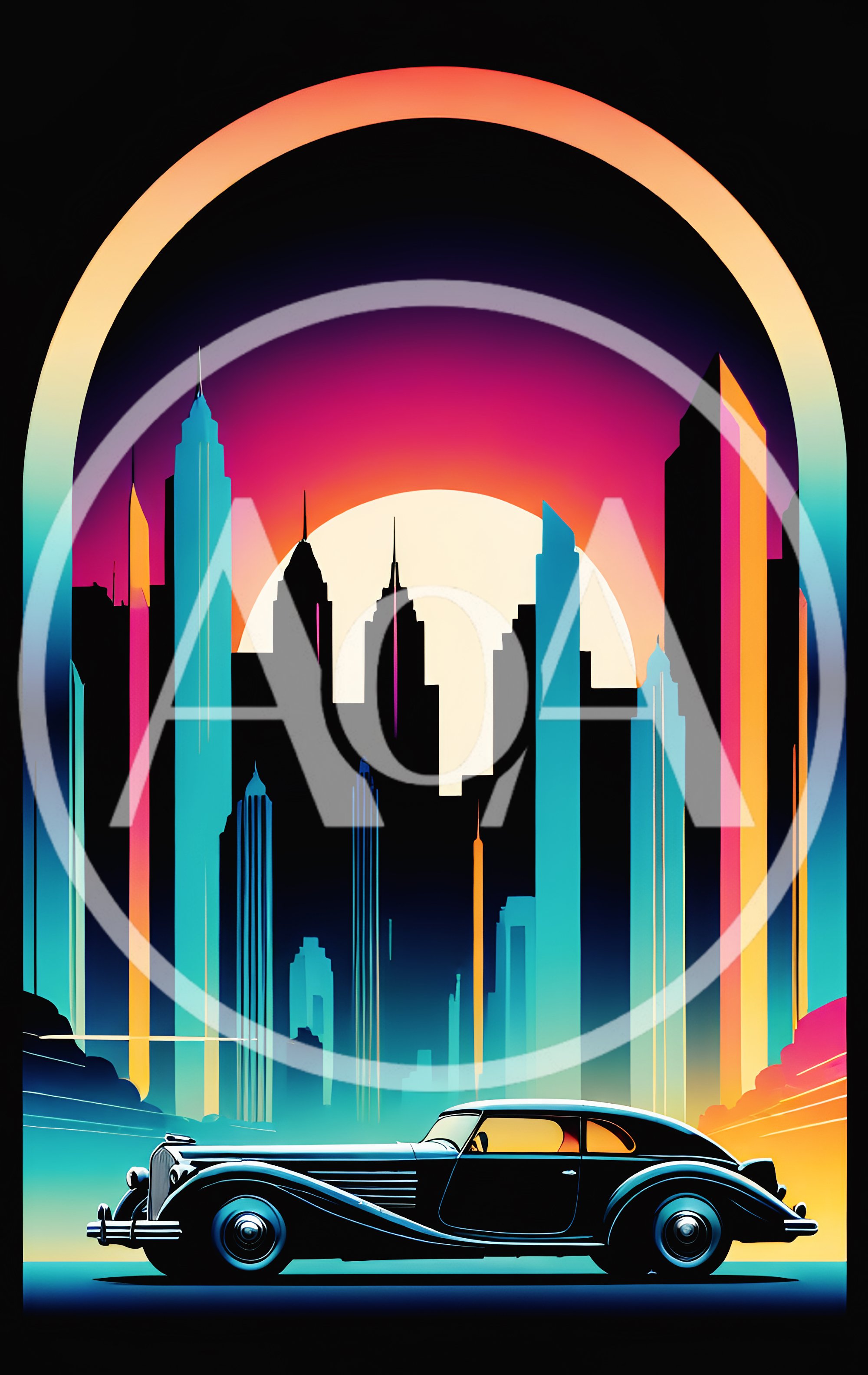 Vintage Luxury Car Against A Retro Synthwave Cityscape