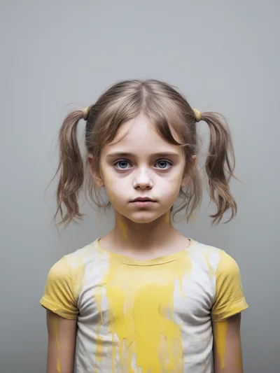 Young Girl With Yellow Paint Stains On Shirt