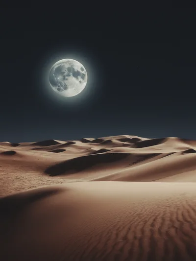 Full Moon Over Vast Desert Sand Dunes At Night