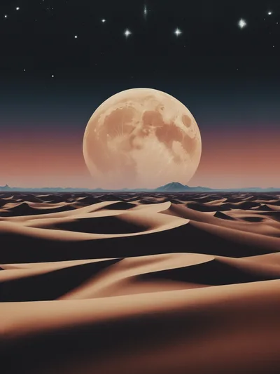 Giant Full Moon Over Vast Desert Sand Dunes