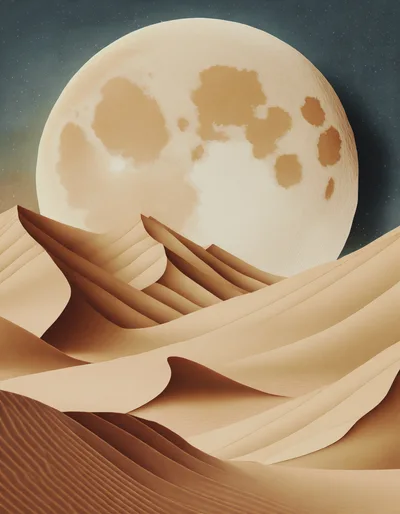 Surreal Paper Cutout Desert Landscape With Large Moon