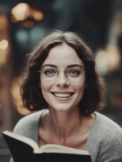 Young Woman Reading A Book With Glasses