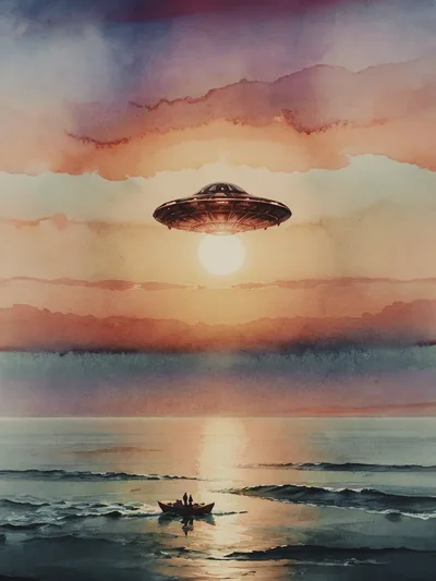 UFO Hovering Above A Small Boat At Sunset