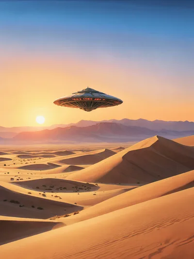 UFO Hovering Over Vast Desert Landscape At Sunset