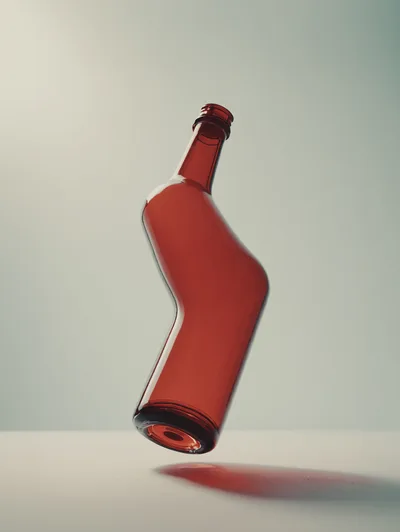 Surreal Bent Red Glass Bottle Floating In Midair