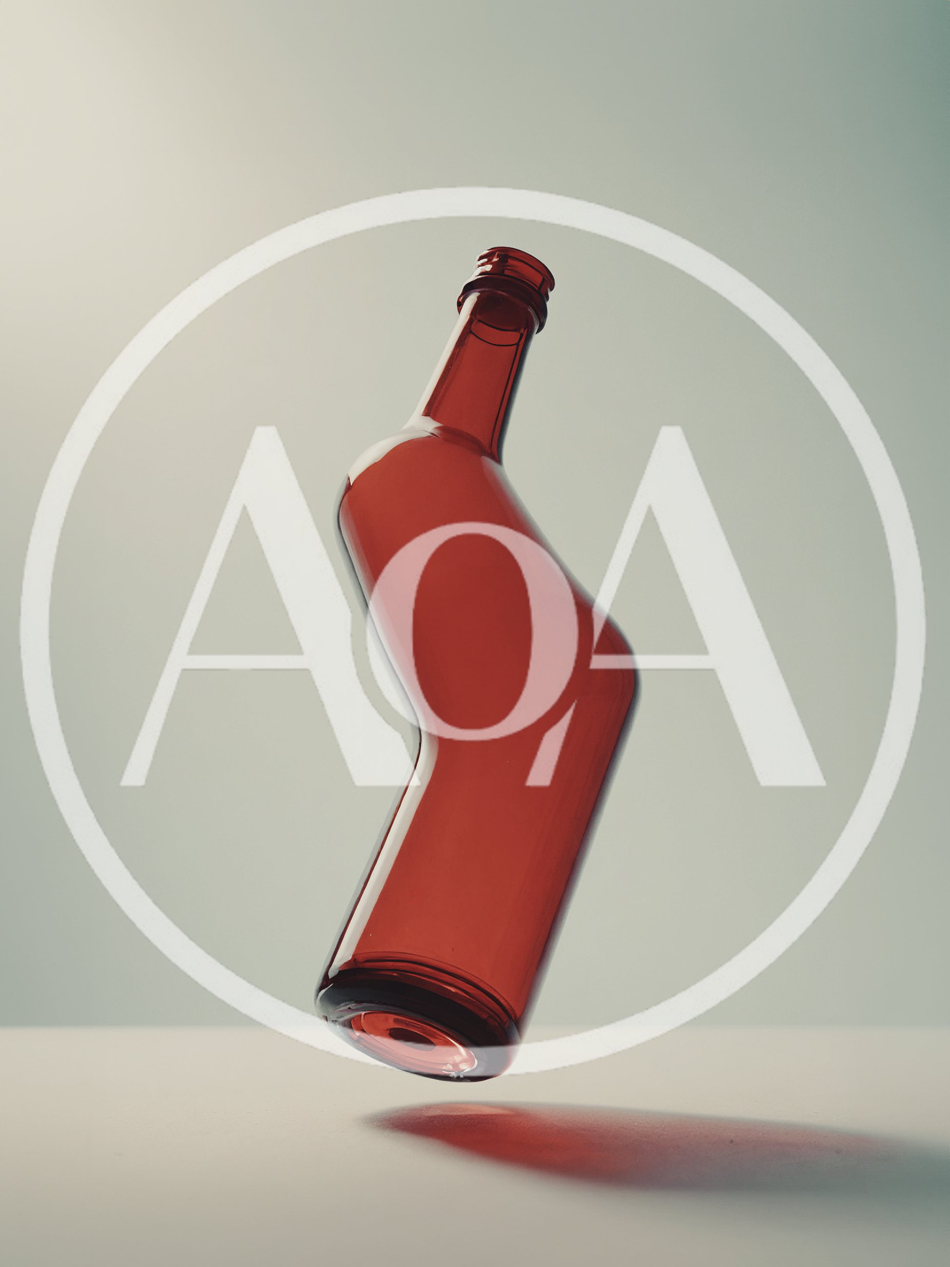 Surreal Bent Red Glass Bottle Floating In Midair