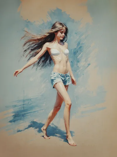 Young Woman Walking On Beach In Watercolor Style