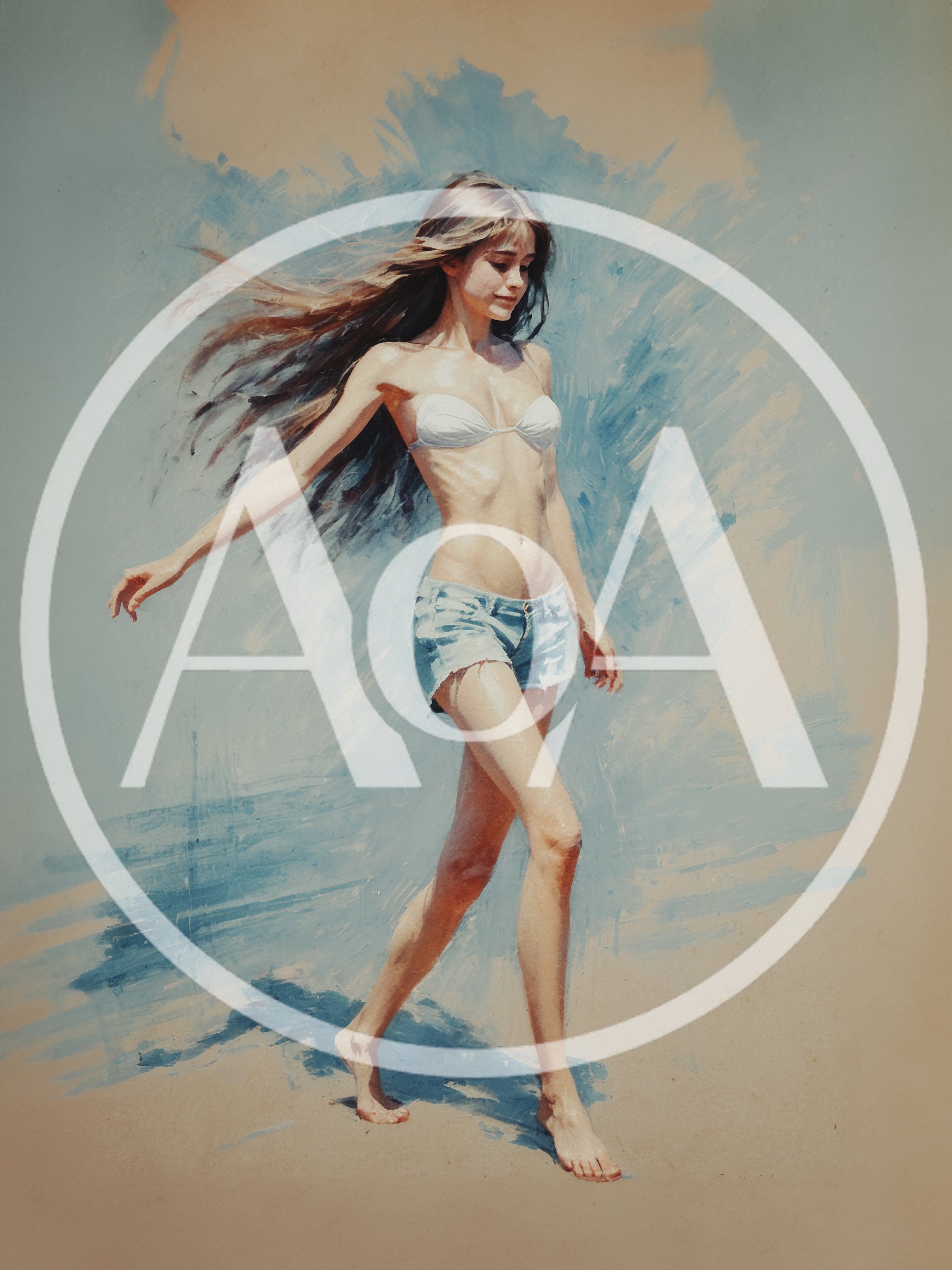 Young Woman Walking On Beach In Watercolor Style