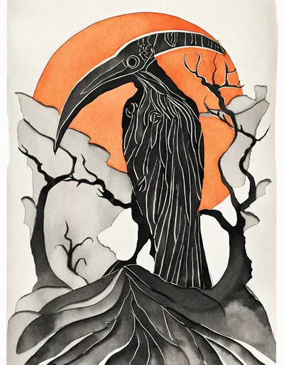 Stylized Illustration Of A Mythical Bird Against An Orange Sun
