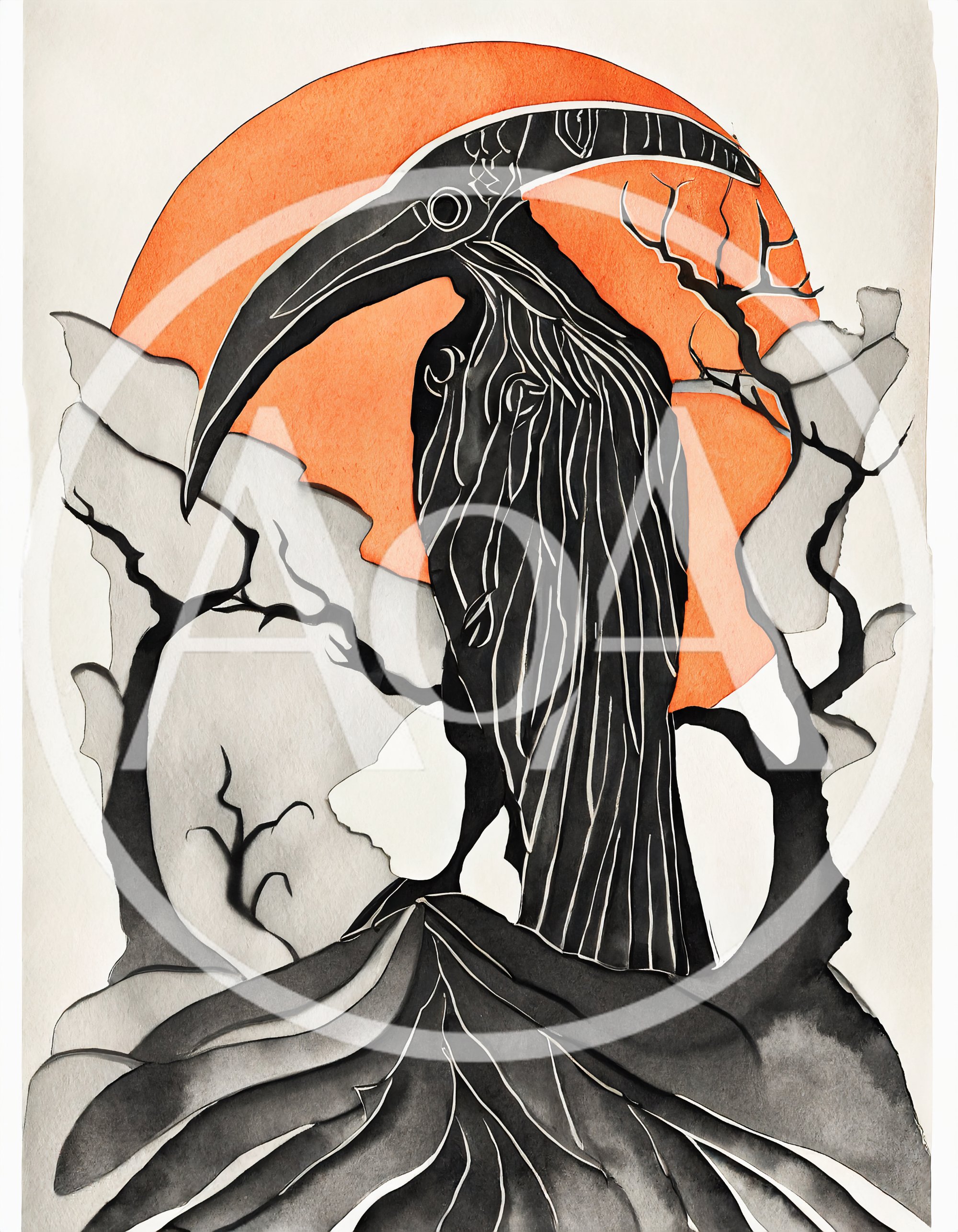 Stylized Illustration Of A Mythical Bird Against An Orange Sun