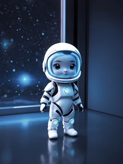 Cute Baby Astronaut Standing In Space Station