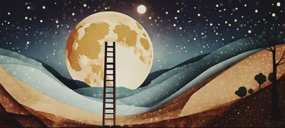Surreal Ladder Reaching Toward A Giant Full Moon