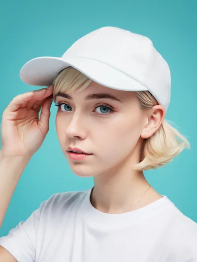 Young Woman Wearing White Baseball Cap Against Blue Background