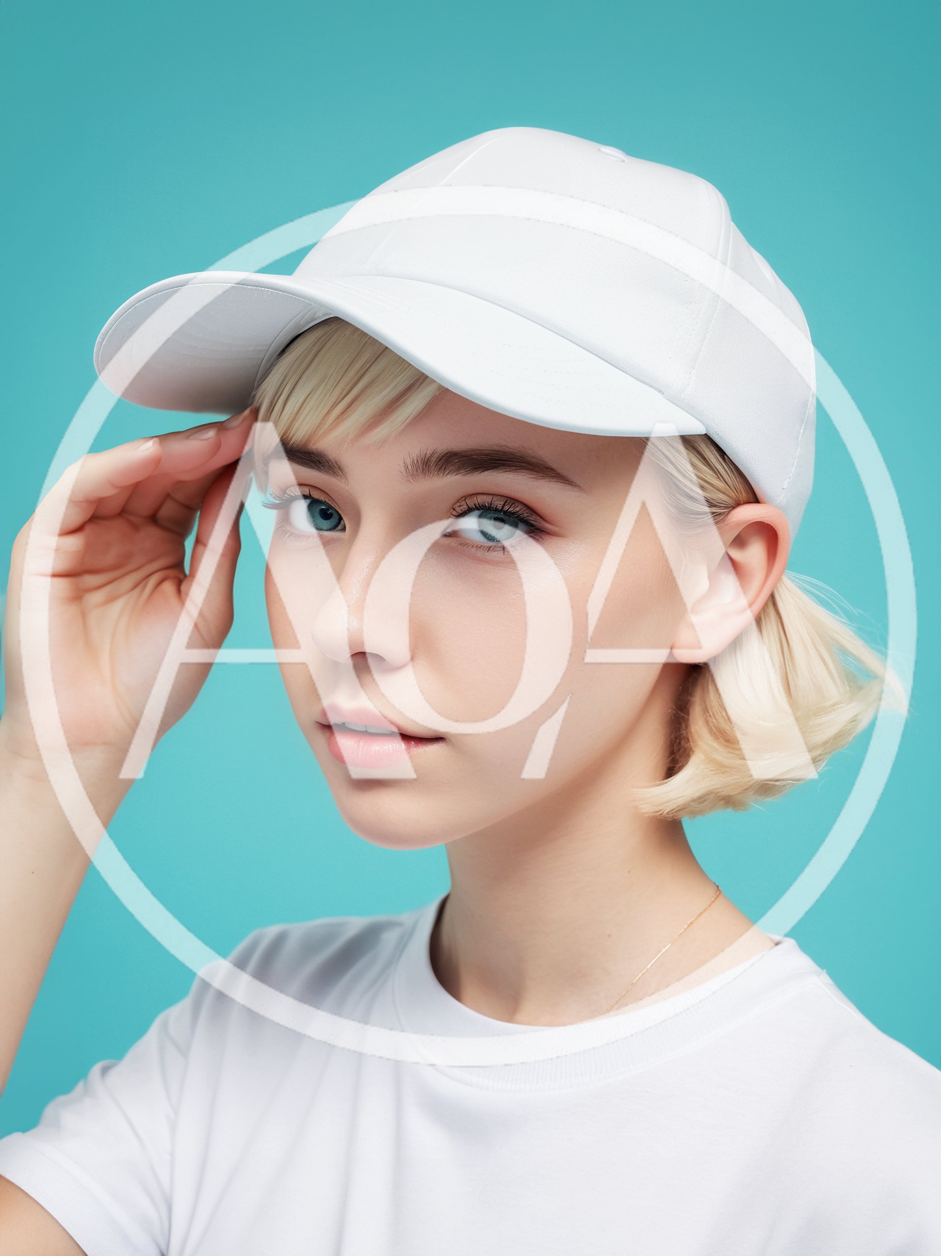 Young Woman Wearing White Baseball Cap Against Blue Background