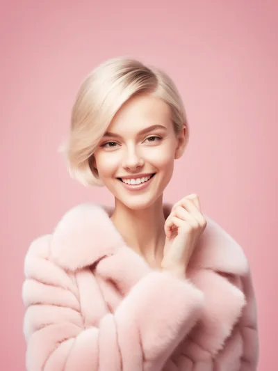 Smiling Blonde Woman Wearing A Pink Fur Coat